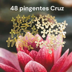 kit 48 pingentes Cruz, metal dourado, verniz cataforético, 2 modelos, ricos em detalhes