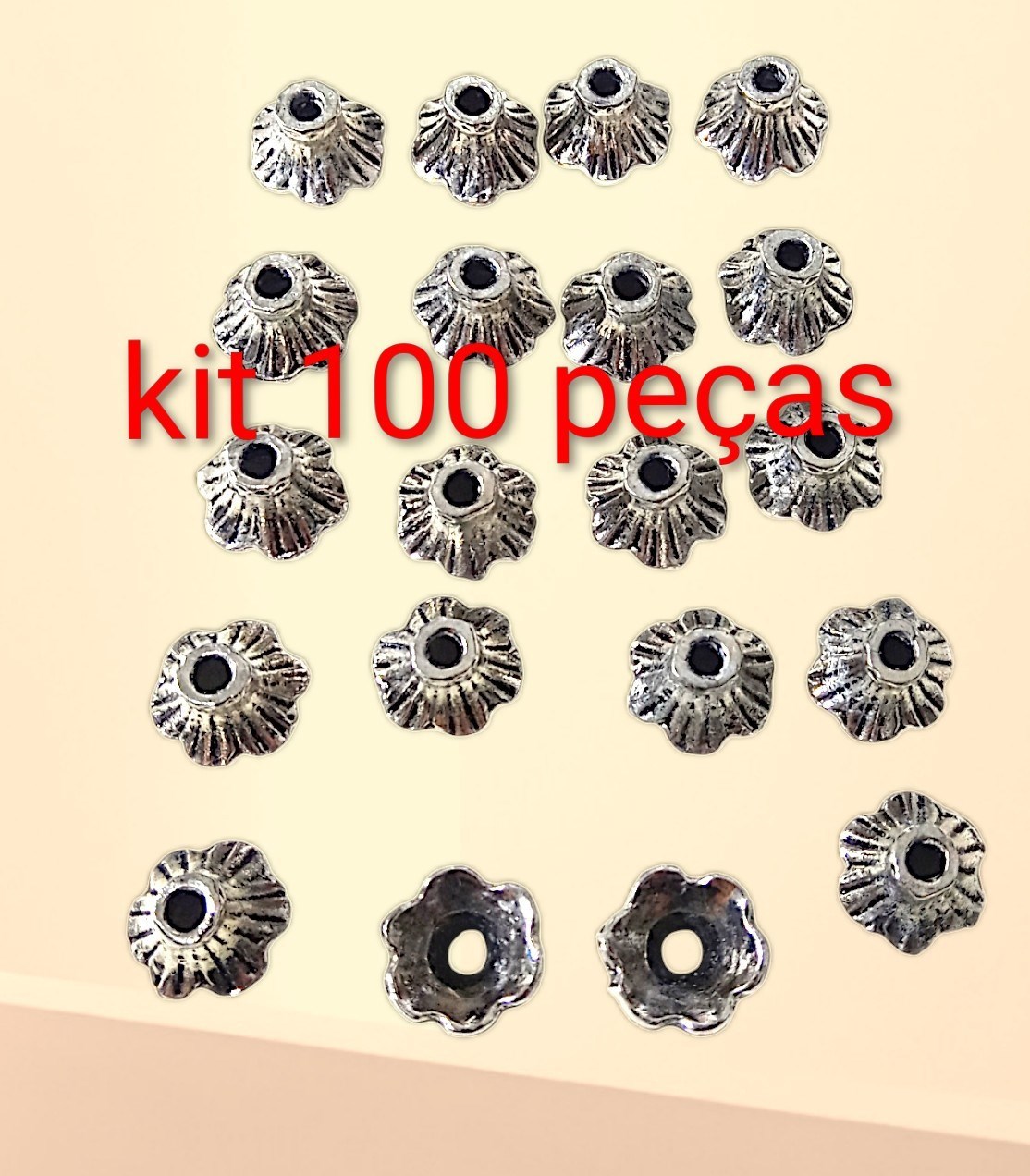 kit 100 peças, terminal Tulipa, metal prata envelhecido, peças para montagem, entremeio, artesanato