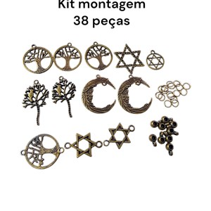 Kit montagem bijouterias com 38 peças, metal ouro velho, pingentes, entremeios, canecas, argolas