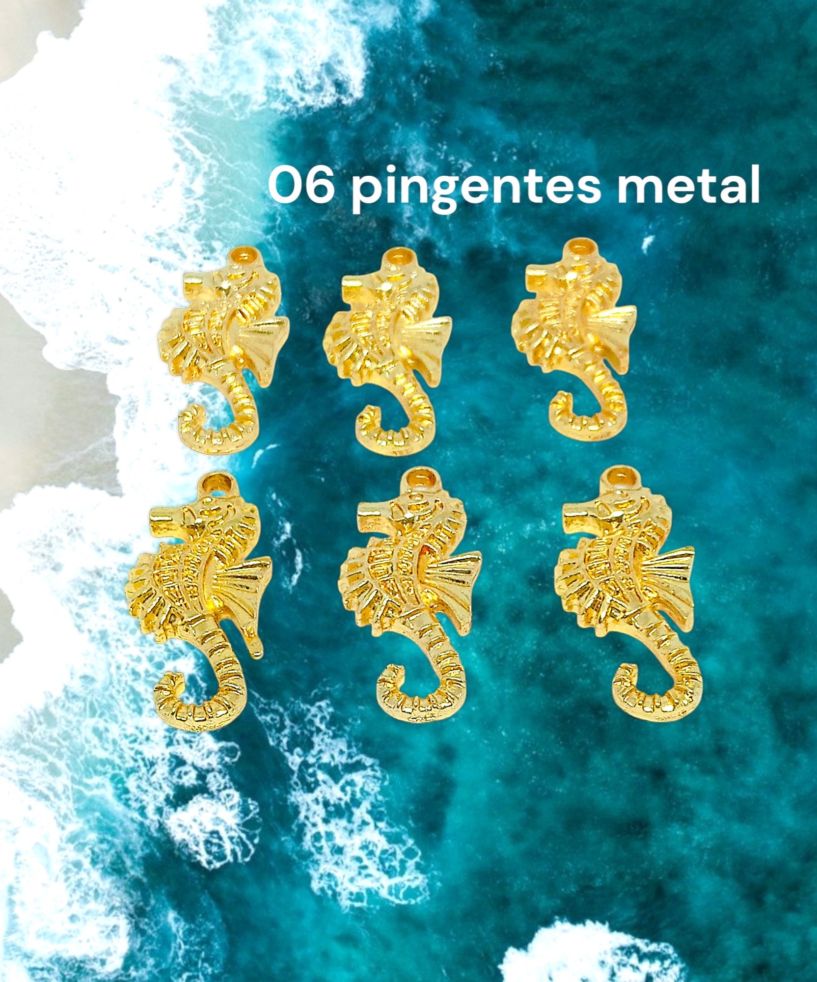 Kit 26 pingentes Flor, Âncora, e Cavalo Marinho, dourados, verniz cataforético, em metal.