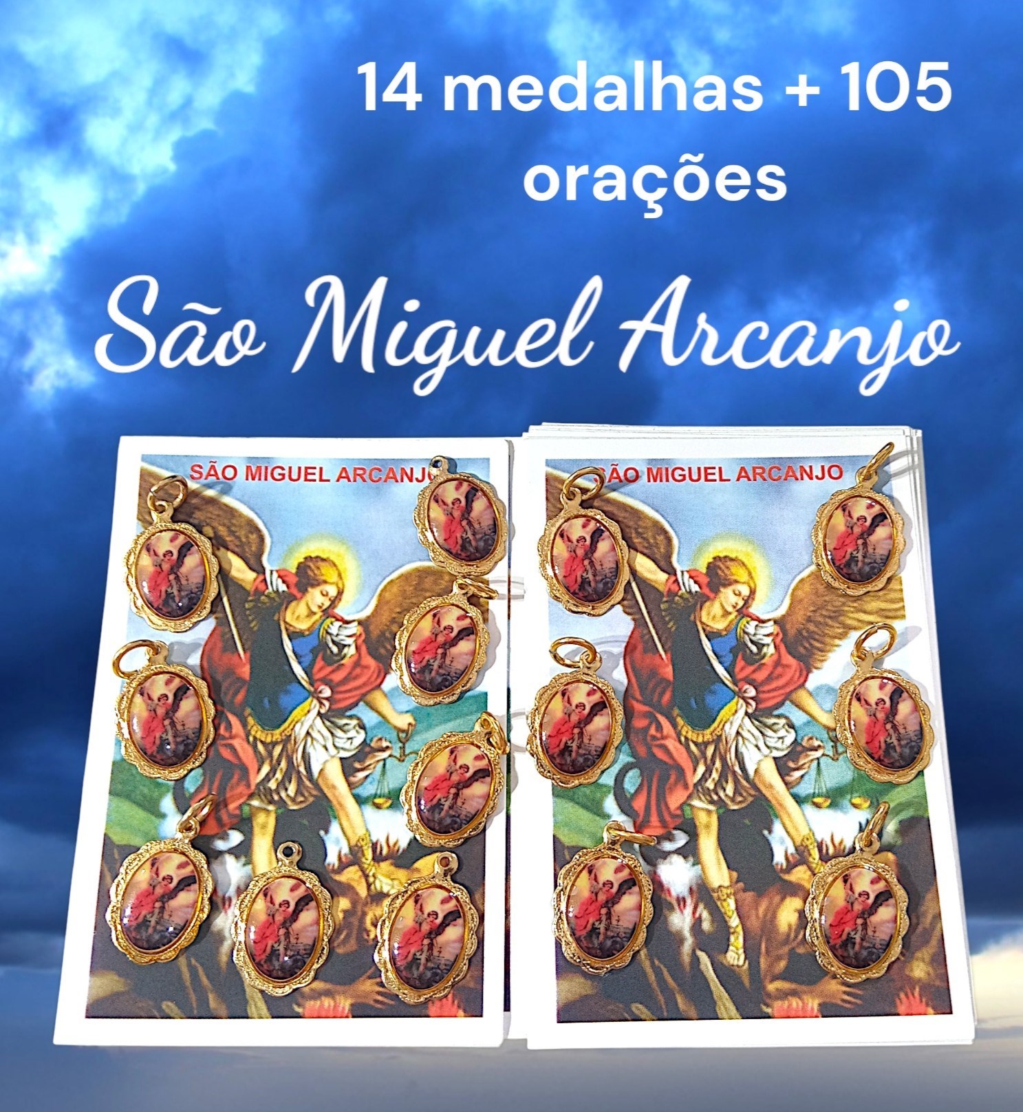 Kit 14 medalhas São Miguel Arcanjo + 105 orações impressas, medalhas em alumínio