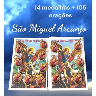 Kit 14 medalhas São Miguel Arcanjo + 105 orações impressas, medalhas em alumínio