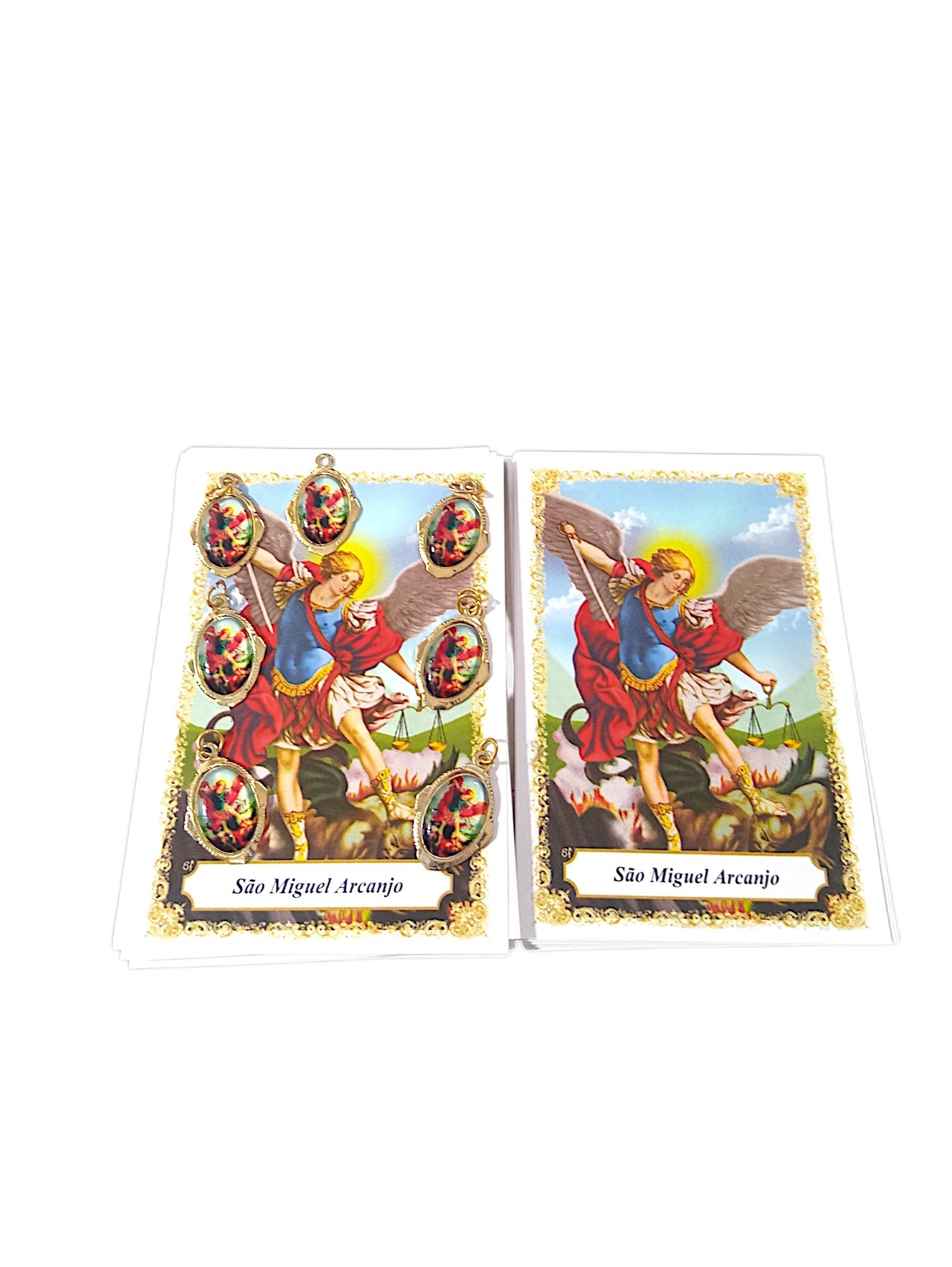 Kit 07 medalhas São Miguel Arcanjo + 70 orações impressas, medalhas em alumínio