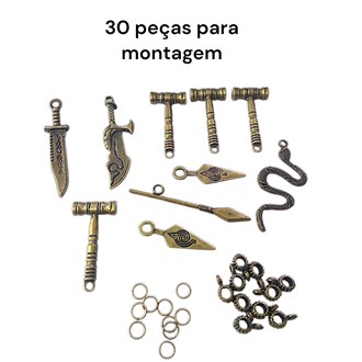 Kit 30 peças montagem de bijouterias, adaga, faca, lança, martelo, cobra, argola, caneça, ouro velho