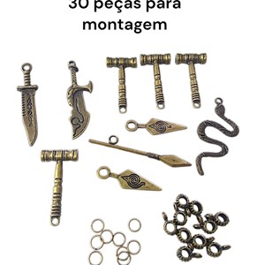 Kit 30 peças montagem de bijouterias, adaga, faca, lança, martelo, cobra, argola, caneça, ouro velho