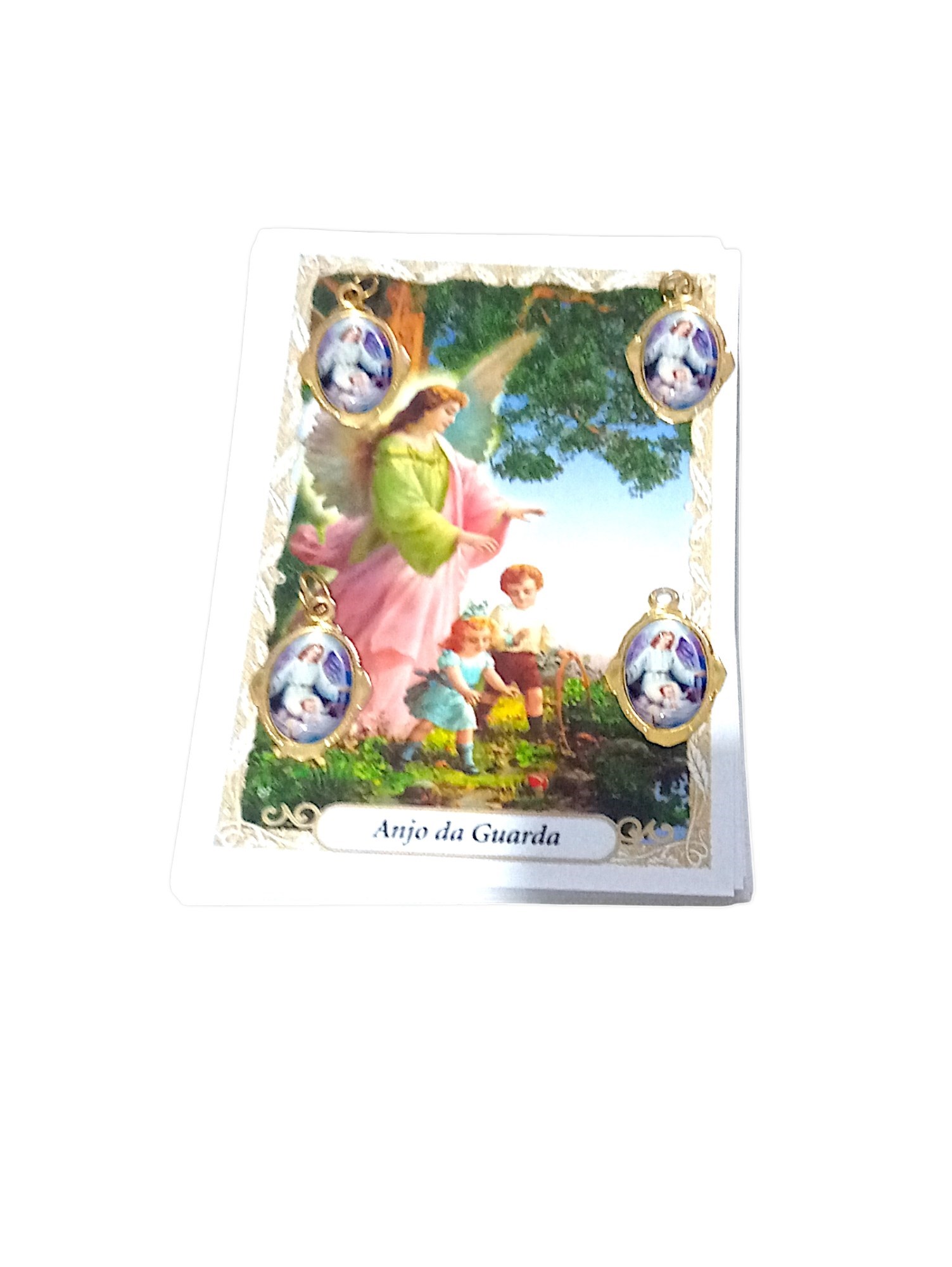 Kit 04 Medalhas Anjo da Guarda em alumínio e 85 orações impressas