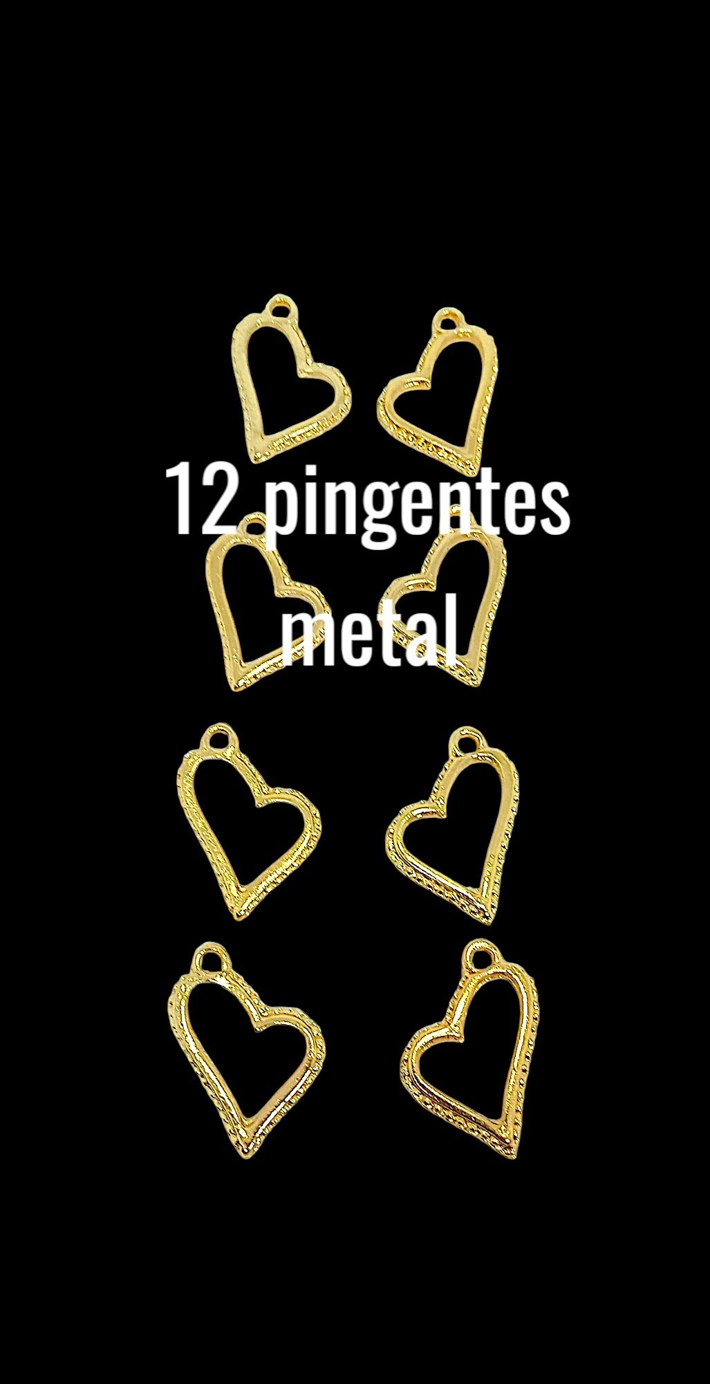 Kit 40 pingentes Coração, verniz cataforético, metal dourado, três modelos.