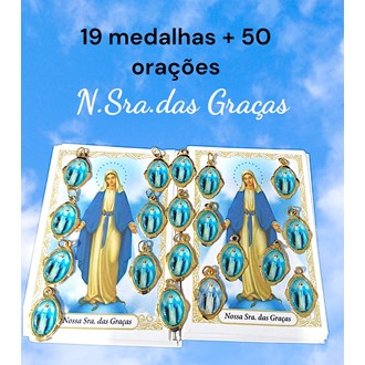 Kit 19 medalhas N.Sra.das Graças + 50 orações coloridas impressas, medalhas em alumínio