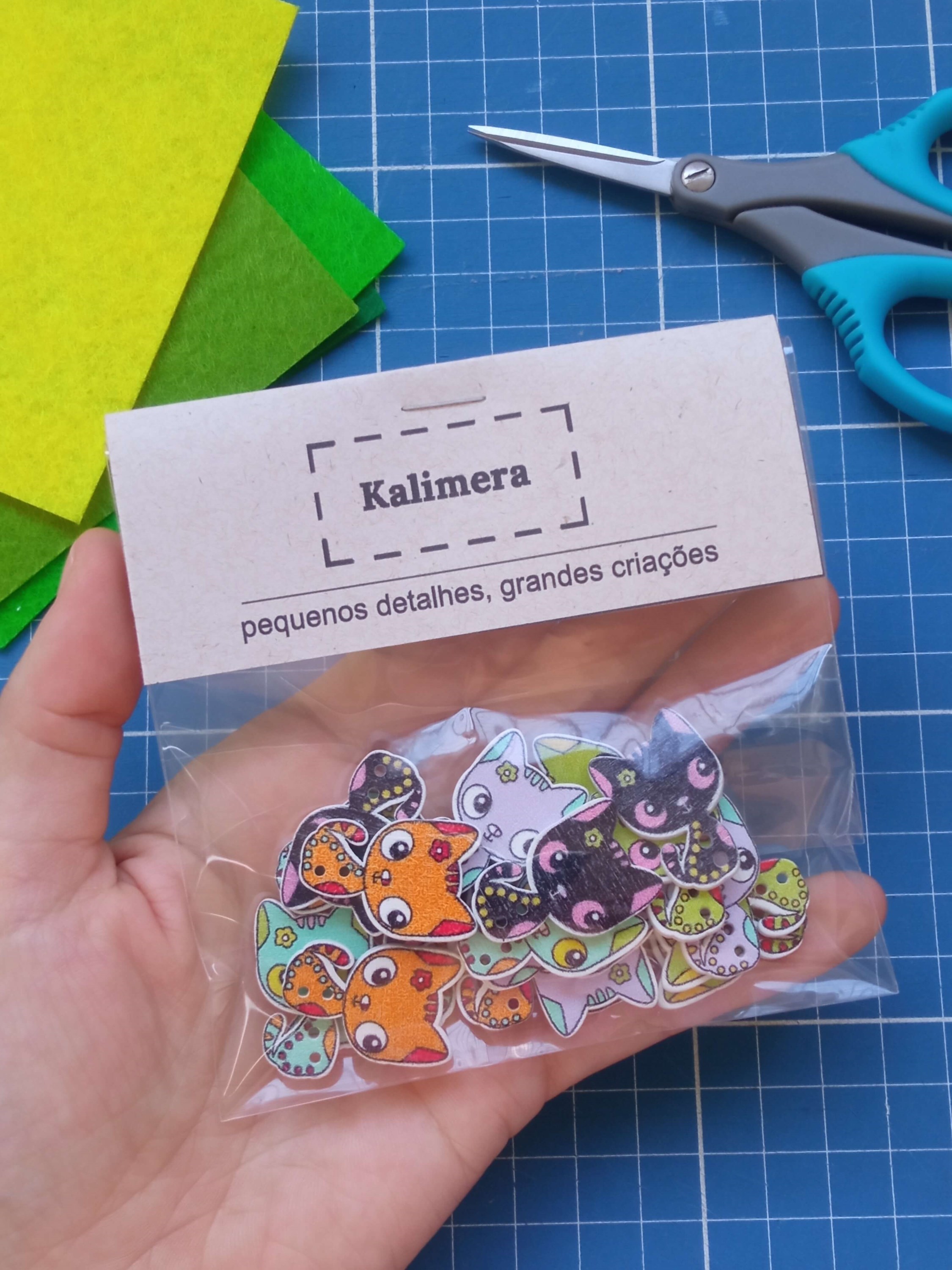 Kit 20 Botões de Madeira Gatinho Ilustração Impressa 