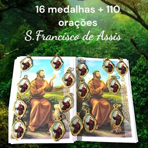 Kit 16 medalhas S. Francisco de Assis + 110 orações impressas, medalhas em alumínio