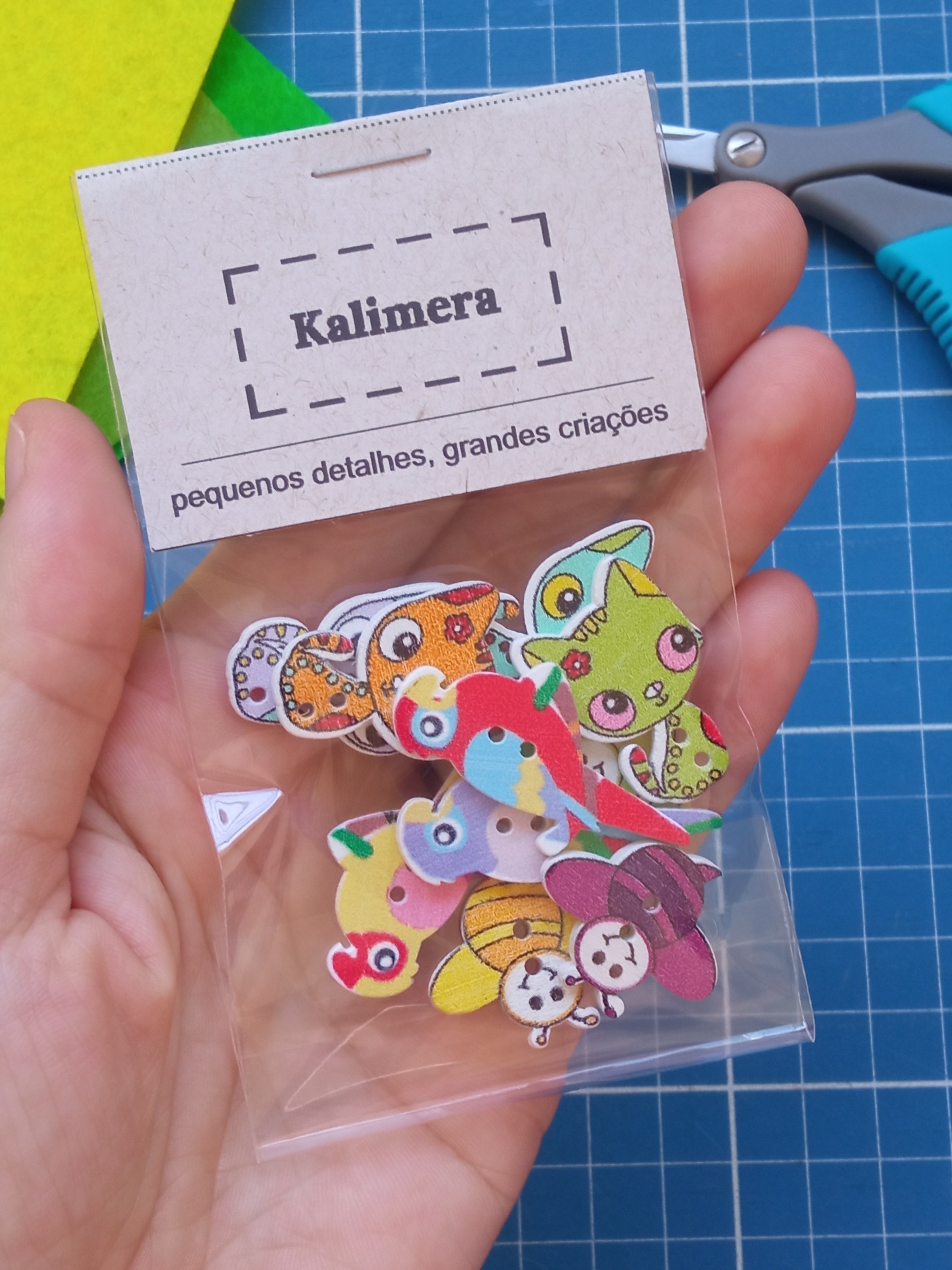 Kit 10 Botões de Madeira Sortido Animais Ilustração Impressa 