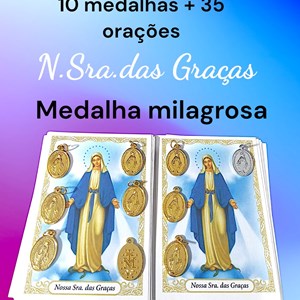 Kit 10 medalhas N.Sra. das Graças, Medalha Milagrosa + 35 orações impressas