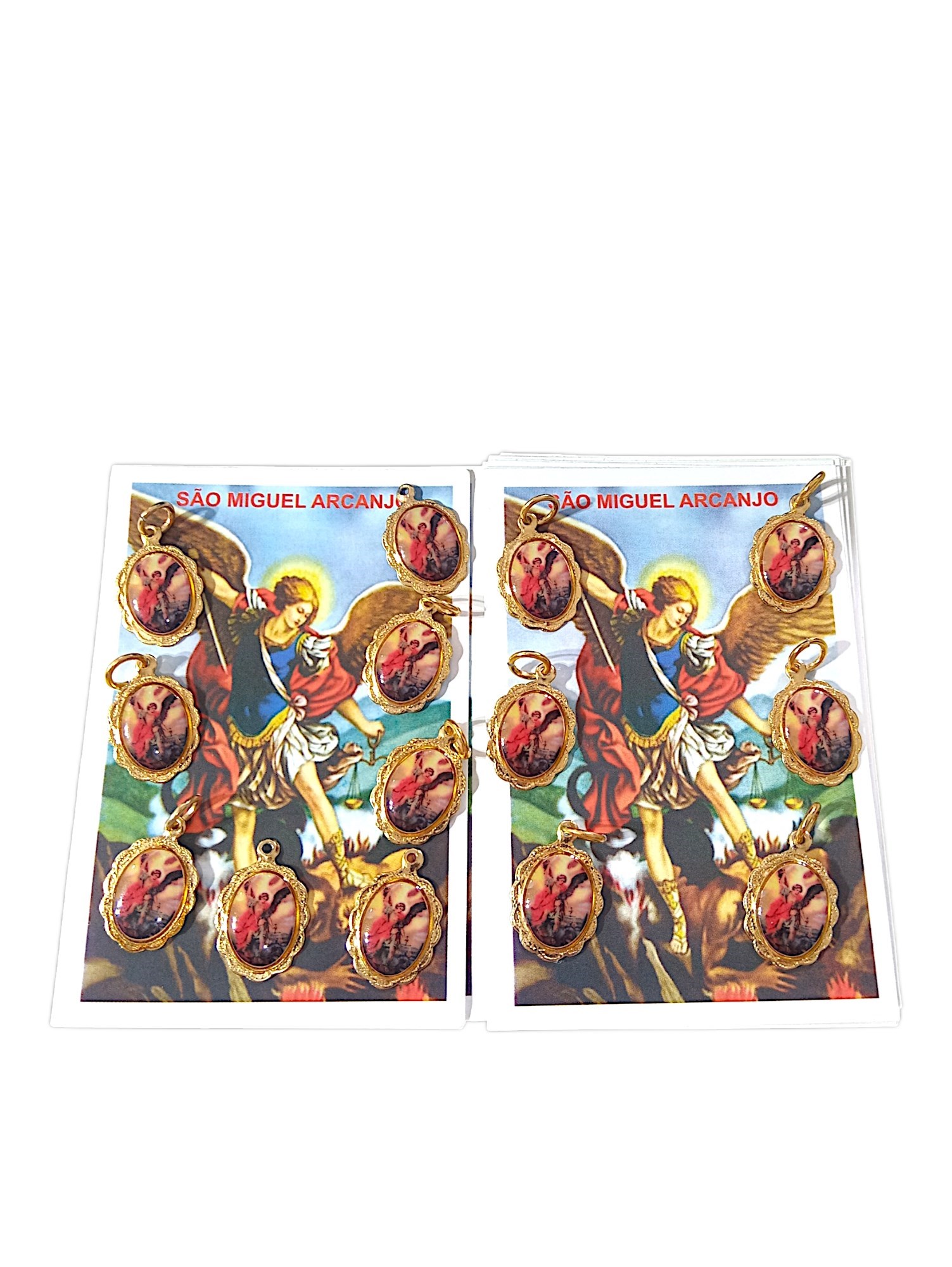 Kit 14 medalhas São Miguel Arcanjo + 105 orações impressas, medalhas em alumínio