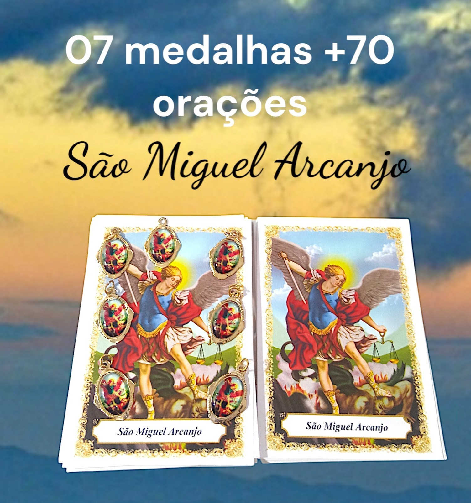 Kit 07 medalhas São Miguel Arcanjo + 70 orações impressas, medalhas em alumínio