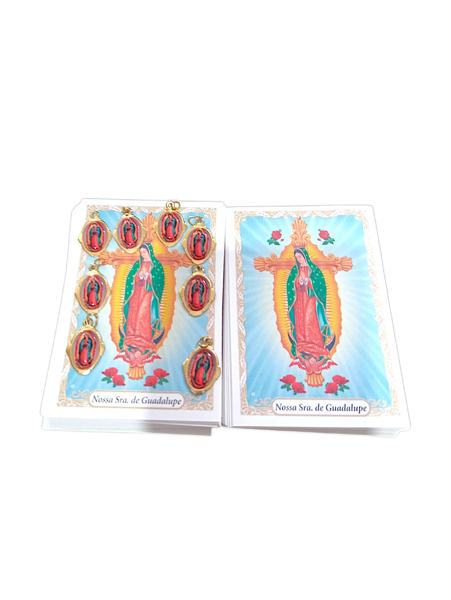 Kit 08 medalhas N.Sra. de Guadalupe + 88 orações impressas, medalhas em alumínio