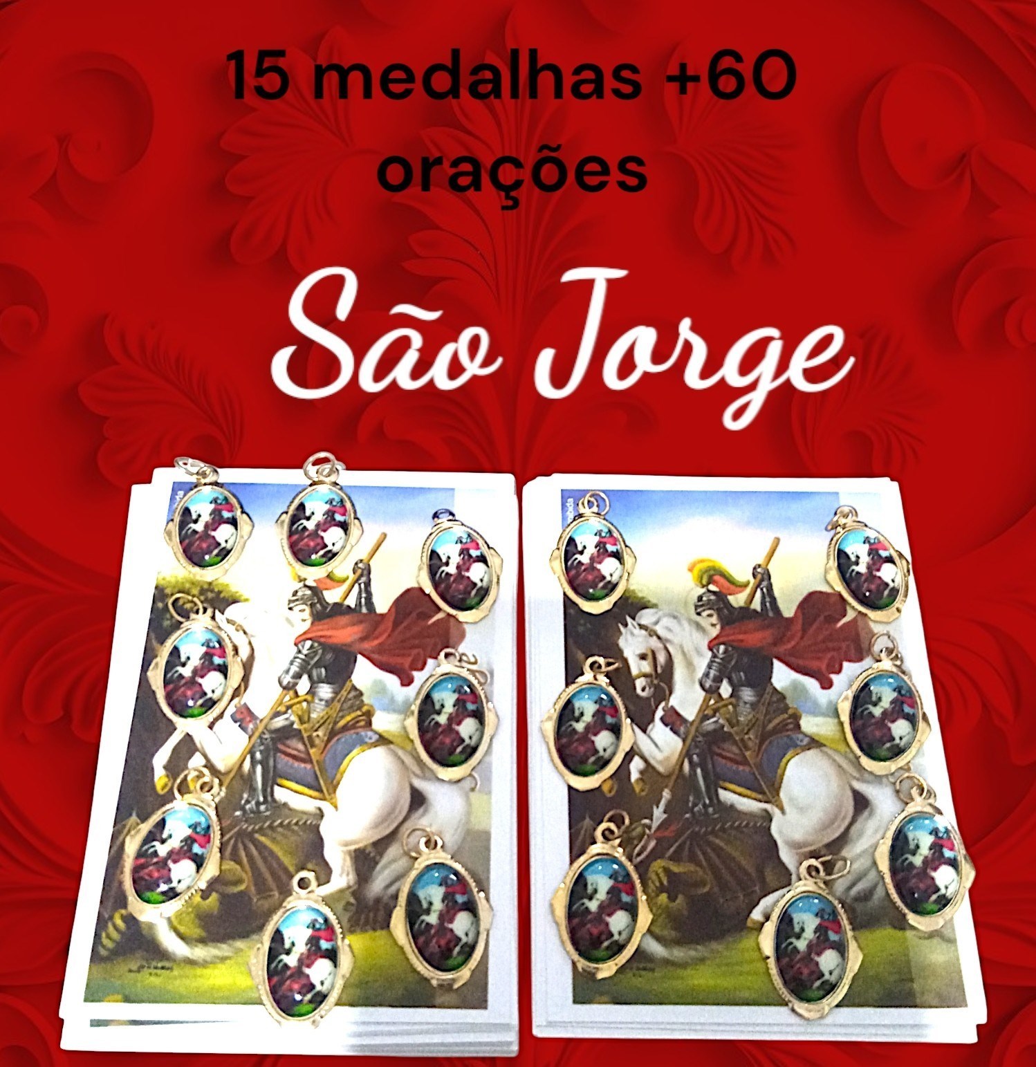 Kit 15 medalhas São Jorge e 60 orações impressas, medalhas em alumínio, fé proteção, religião