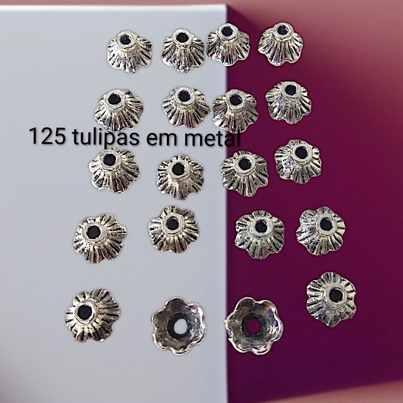 kit 125 peças, terminal Tulipa, metal prata envelhecido, peças para montagem, entremeio, artesanato