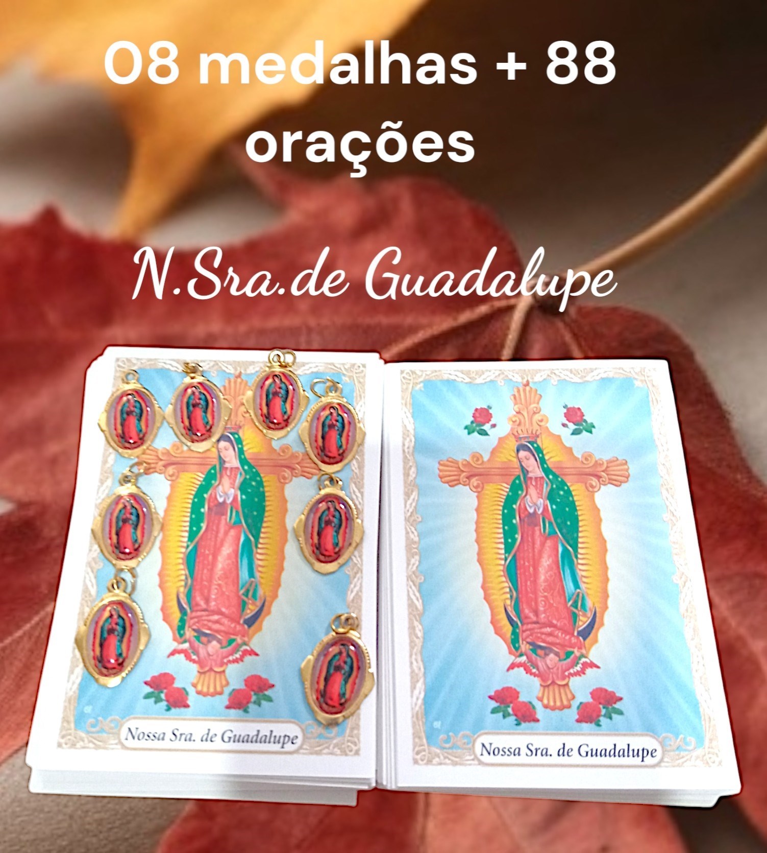 Kit 08 medalhas N.Sra. de Guadalupe + 88 orações impressas, medalhas em alumínio