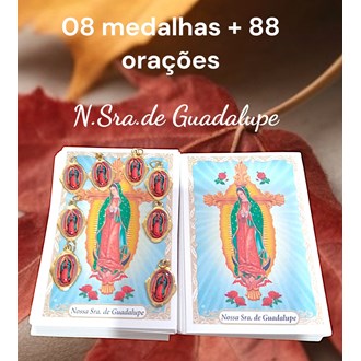 Kit 08 medalhas N.Sra. de Guadalupe + 88 orações impressas, medalhas em alumínio