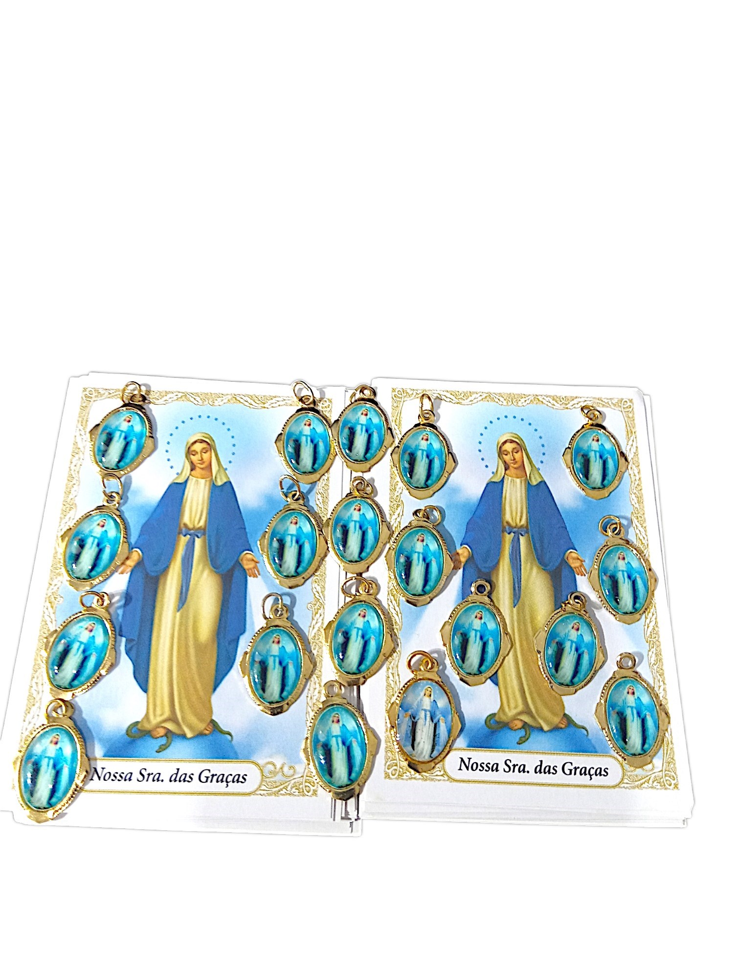 Kit 19 medalhas N.Sra.das Graças + 50 orações coloridas impressas, medalhas em alumínio