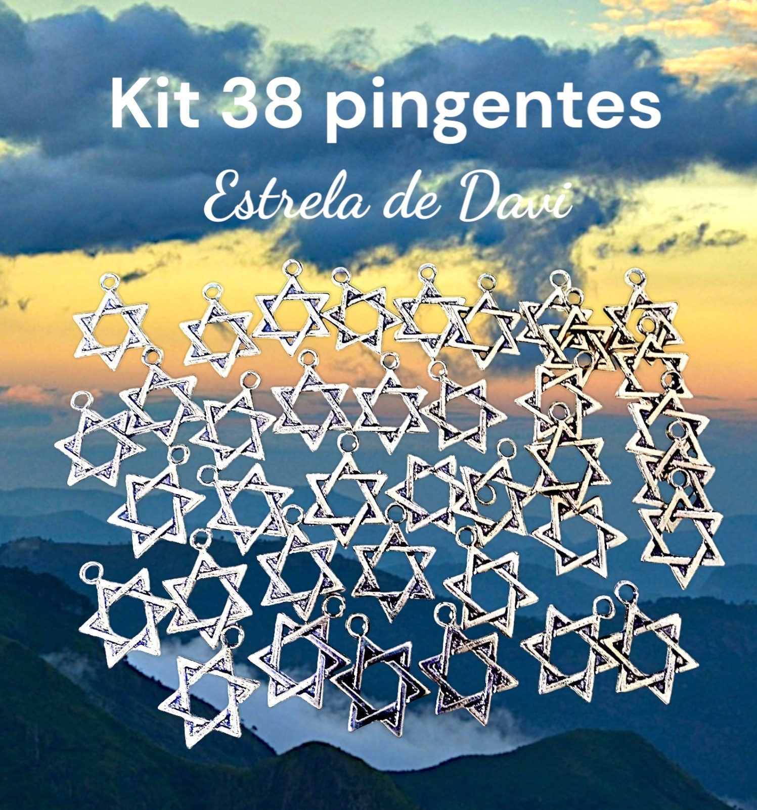 Kit 38 pingentes Estrela de Davi, em metal prata envelhecida