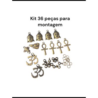 kit 36 peças montagem de bijouterias, Buda, Cruz Ansata, OM, Elefante, argolas, canecas, ouro velho