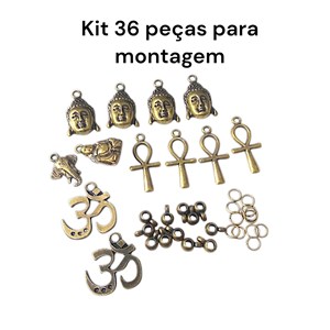 kit 36 peças montagem de bijouterias, Buda, Cruz Ansata, OM, Elefante, argolas, canecas, ouro velho