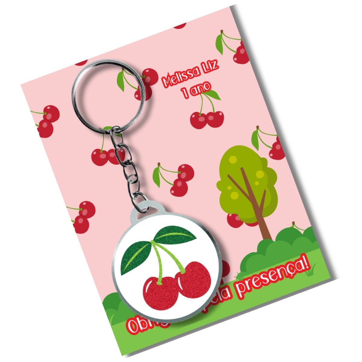 Chaveiro Personalizado Cerejinha+ card e embalagem * Adesivado