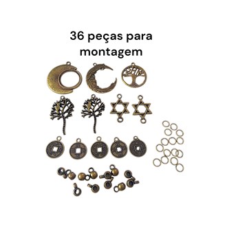 36 peças para montagem, Lua, Árvore da Vida, Estrela de Davi, moedas, argolas, canecas, ouro velho. 