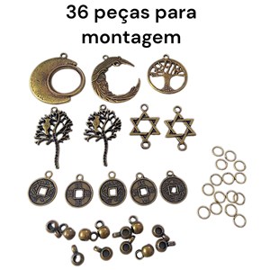 36 peças para montagem, Lua, Árvore da Vida, Estrela de Davi, moedas, argolas, canecas, ouro velho.