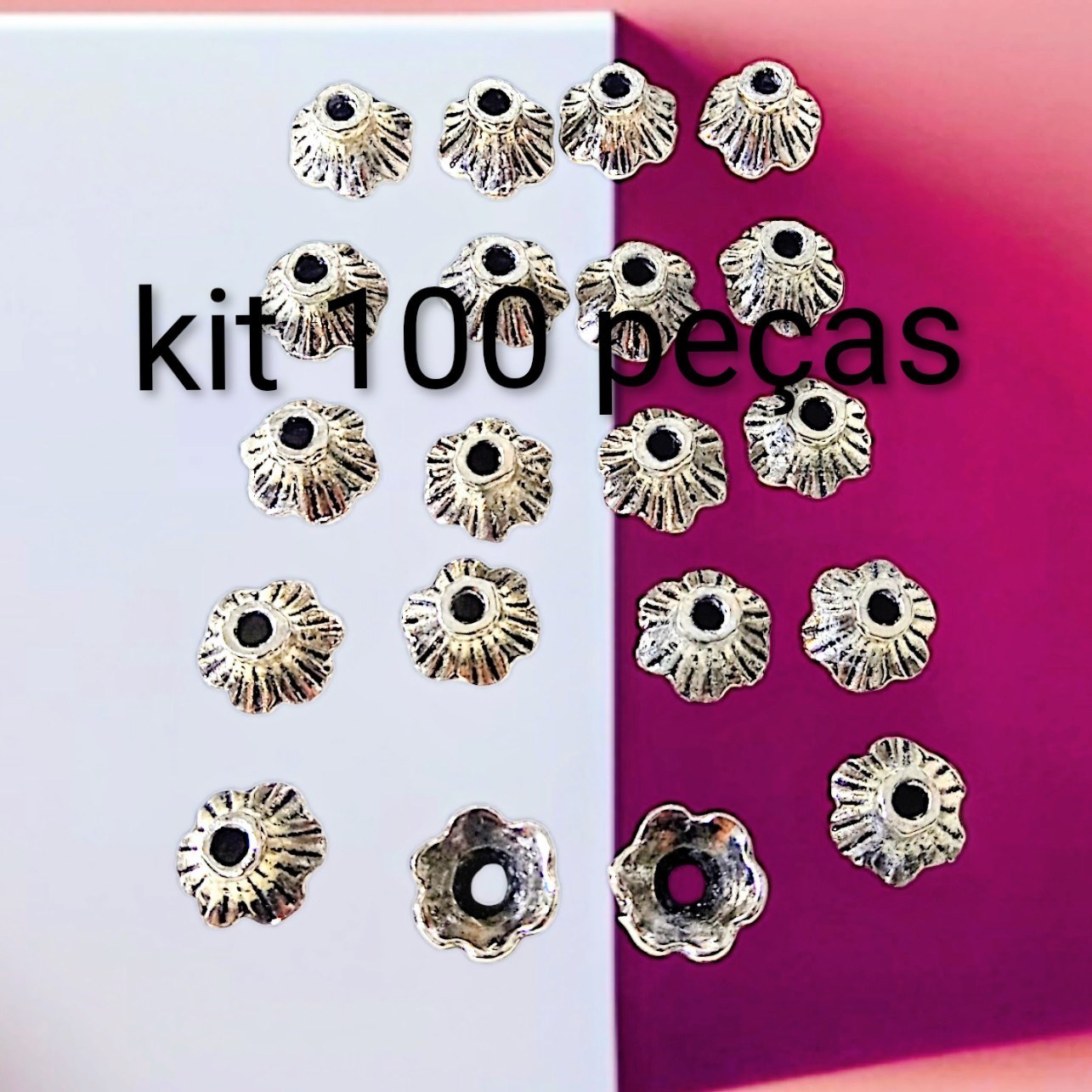 kit 100 peças, terminal Tulipa, metal prata envelhecido, peças para montagem, entremeio, artesanato