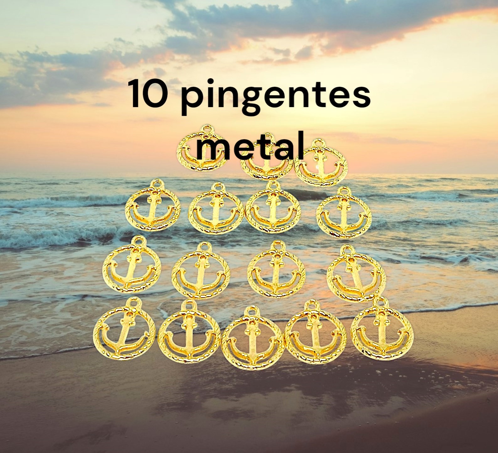 Kit 26 pingentes Flor, Âncora, e Cavalo Marinho, dourados, verniz cataforético, em metal.