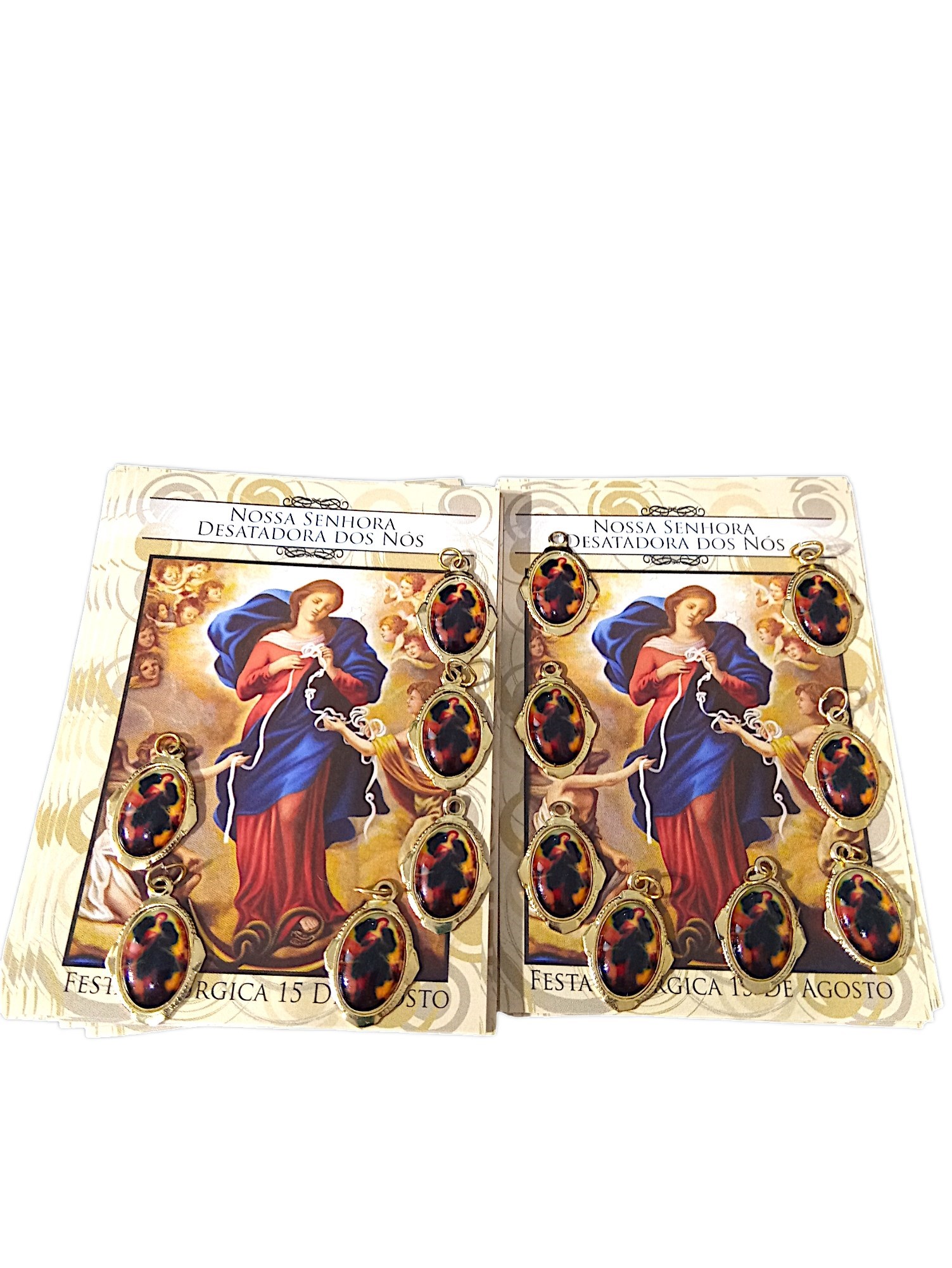 Kit 14 medalhas N. Sra. Desatadora dos Nós + 84 orações impressas coloridas.