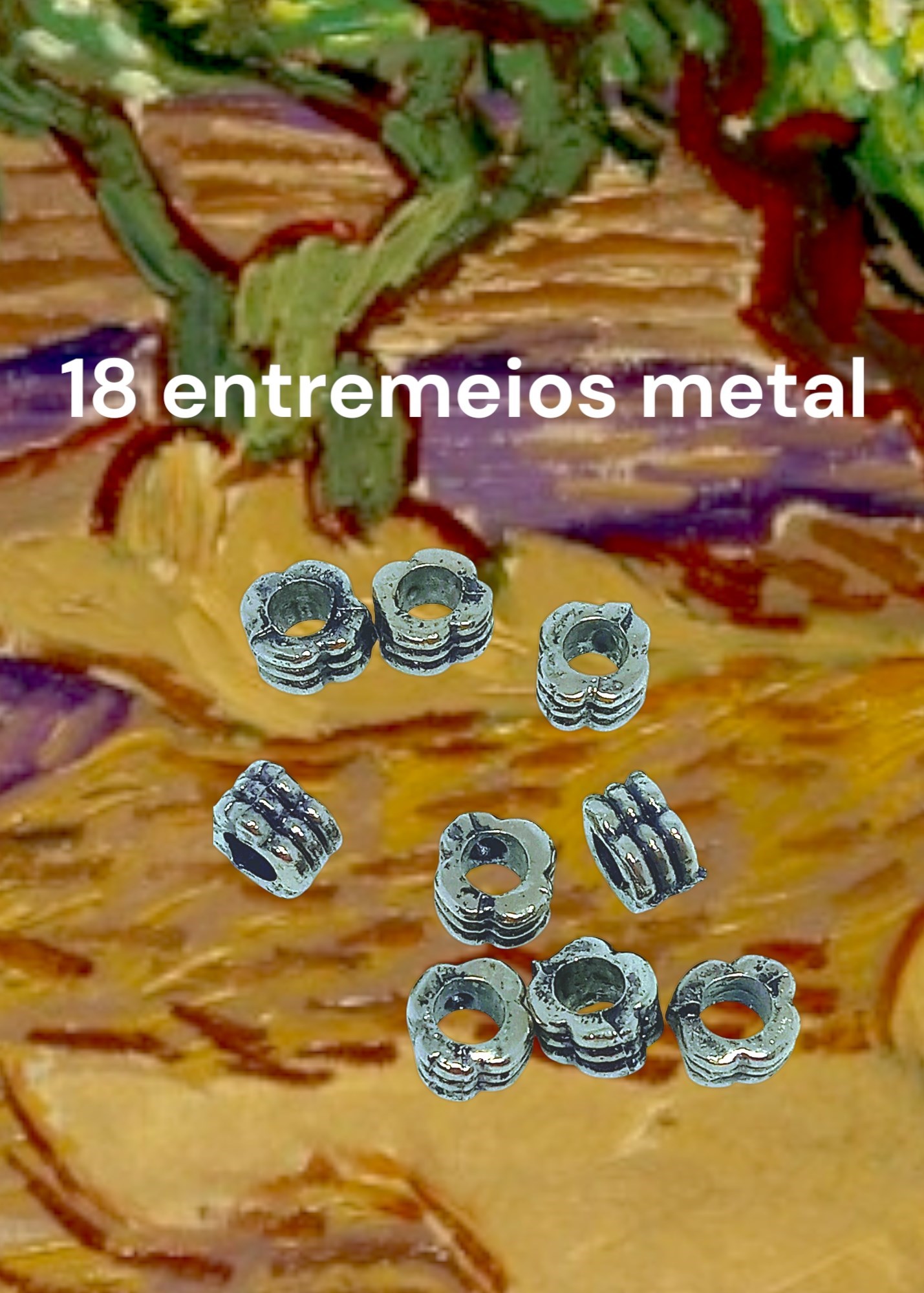 Kit 18 entremeios chanfrados, detalhes em relevo, metal, cor prata envelhecida