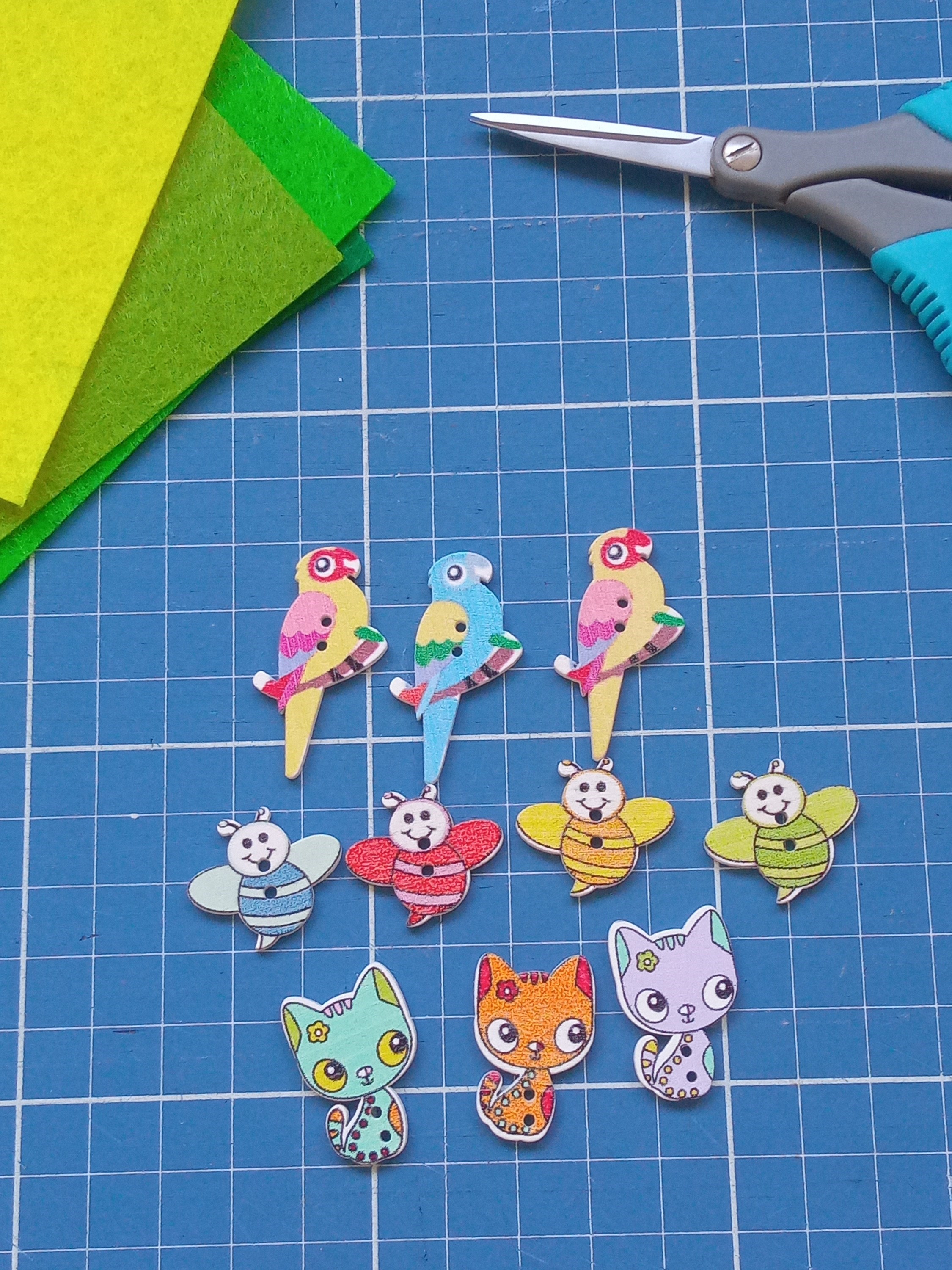 Kit 10 Botões de Madeira Sortido Animais Ilustração Impressa 