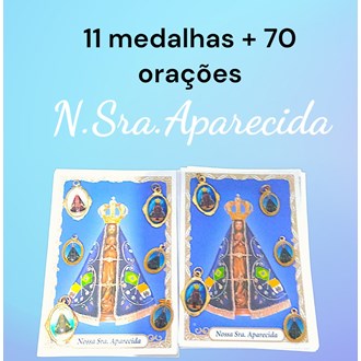 Kit 11 medalhas N. Sra. Aparecida e 70 orações impressas, medalhas em alumínio
