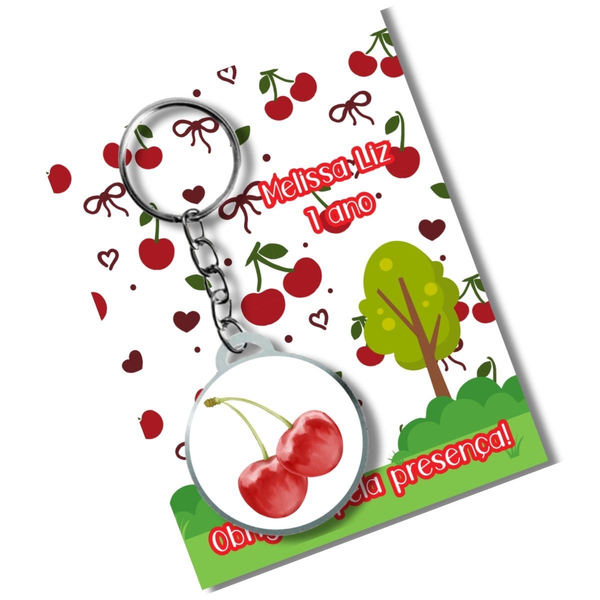 Chaveiro Personalizado Cerejinha+ card e embalagem * Adesivado
