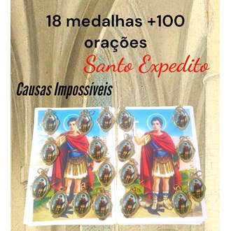 Kit 18 medalhas Santo Expedito +100 orações impressas, medalhas em alumínio