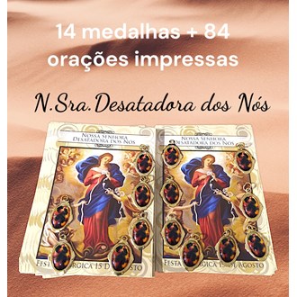 Kit 14 medalhas N. Sra. Desatadora dos Nós + 84 orações impressas coloridas.