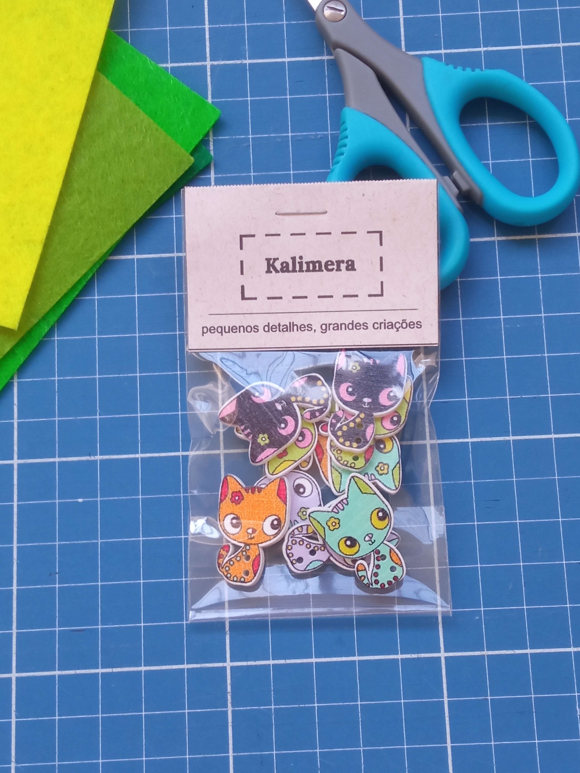 Kit 10 Botões de Madeira Gatinho Ilustração Impressa